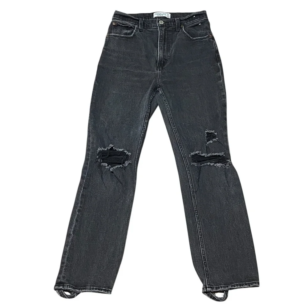 Abercrombie & Fitch Ankle Straight Ultra High Rise Distressed Black Wash Jean 26